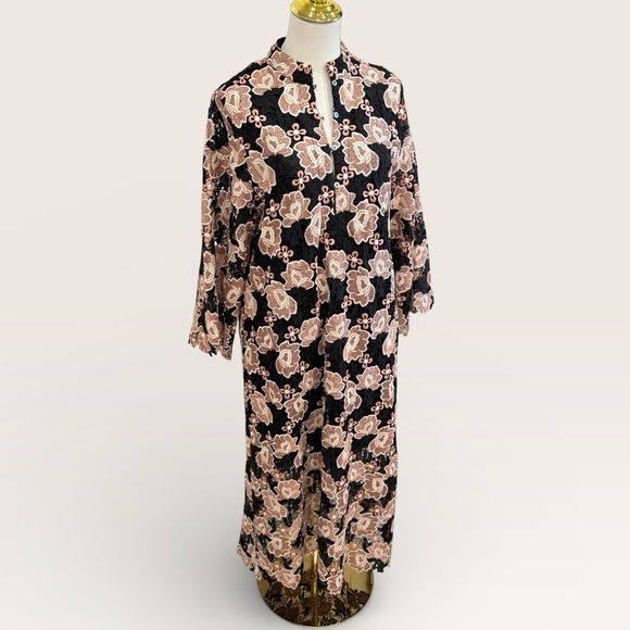 J.Marie Women's Black Floral Talia Lace Mandarin Collar Midi Caftan Dress NWT - Picture 11 of 16